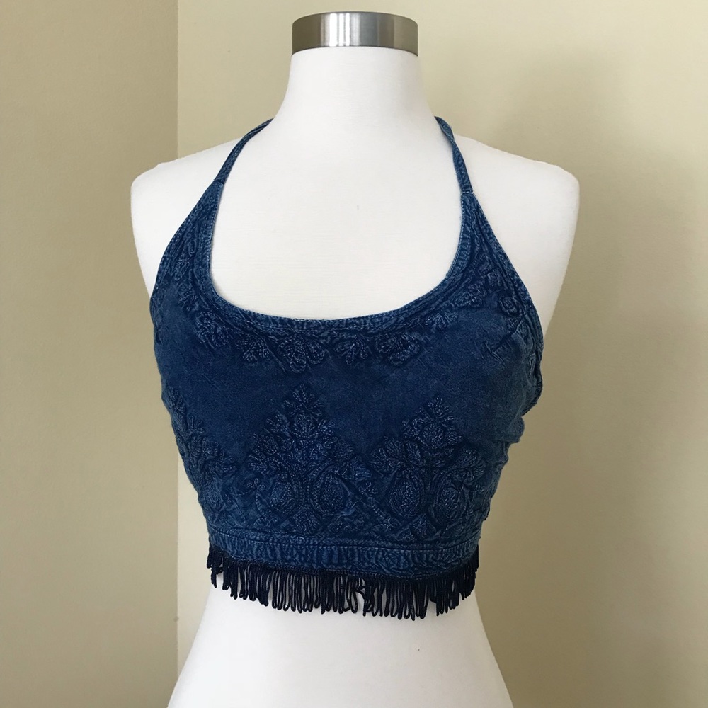 Blue Embroidered Vintage Festival Beach Crop Top